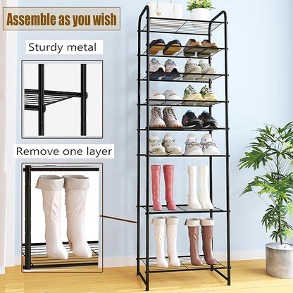 Ekisemio-10 Tiers Tall Shoe Rack Organizer for 20 Pairs Shoes, Expandable & Adjustable Shoe Storage Shelf, Wire Grid, Black