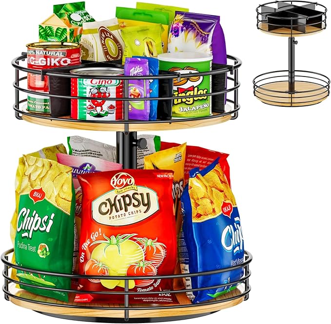 2 Tier Lazy Susan Turntable Organizer Adjustable - 12 Inch Snack Organizer Wood Rotating Spice Rack for Kitchen Countertop Pantry Cupboard Bathroom Coffee Bar Home Storage, Black