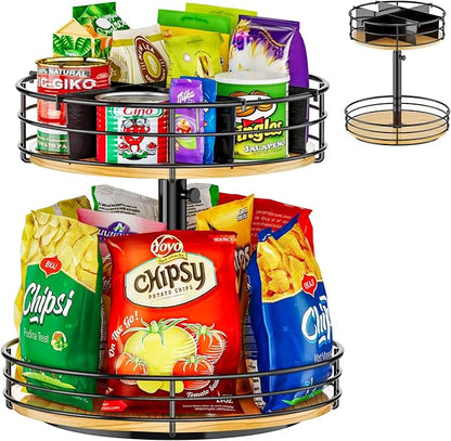 2 Tier Lazy Susan Turntable Organizer Adjustable - 12 Inch Snack Organizer Wood Rotating Spice Rack for Kitchen Countertop Pantry Cupboard Bathroom Coffee Bar Home Storage, Black