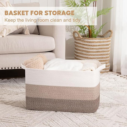 OIAHOMY Extra Large Blanket Basket, 95L Cotton Rope Woven Laundry Basket, Toy Bin for Baby Room, Container for Blanket Storage in Living Room, 24''×17''×14'', Gradient Brown