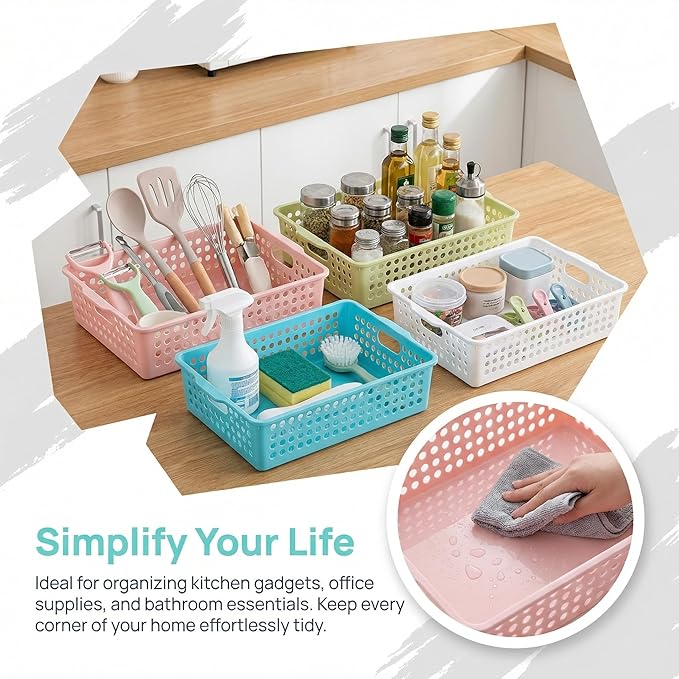 Lawei 8 Pack Plastic Storage Baskets - Colorful Paper Organizer Baskets Plastic Shelf Bins with Handles, Classroom Office File Holder for Home Office School