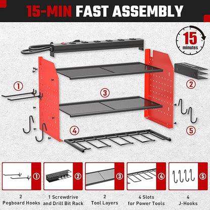 ZESEN Power Tool Organizer with Charging Station, Heavy Duty 3 Layer Drill Holder Wall Mount Garage Shelf Rack with 6 Outlet Power Strip, Tool Shelf with Hooks, Drill Bit Rack for Garage, Red