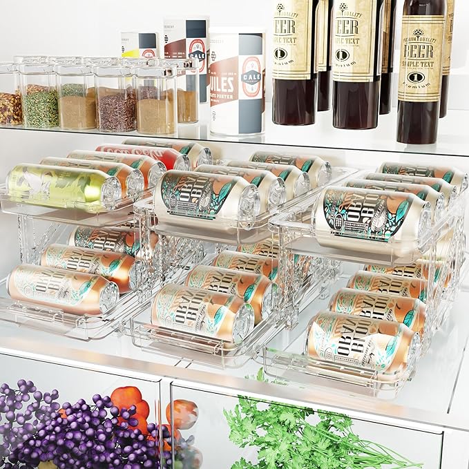 Jsyrjing Drink Organizer for Fridge Soda Holder for Refrigerator Can Dispenser,Adjustable Width Can Holders for Fridge Suitable for Storage Cabinet and Pantry Clear (2 Pack)