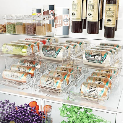 Jsyrjing Drink Organizer for Fridge Soda Holder for Refrigerator Can Dispenser,Adjustable Width Can Holders for Fridge Suitable for Storage Cabinet and Pantry Clear (2 Pack)