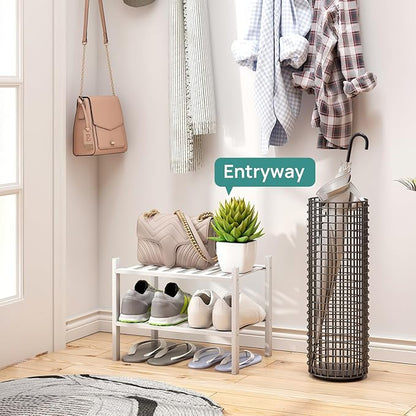 viewcare White Small Shoe Rack for Entryway,2-Tier Bamboo Shoe Organizer for Hallway Closet, Free Standing Shoe Racks for Indoor Outdoor