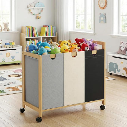 Homykic 250L Laundry Sorter Cart with Wheels, 3-Section Rolling Laundry Basket with Removable Bags, 66 Gal Large Laundry Hamper Organizer, Heavy Duty Bamboo Frame, Water-Resistant, Multicolor