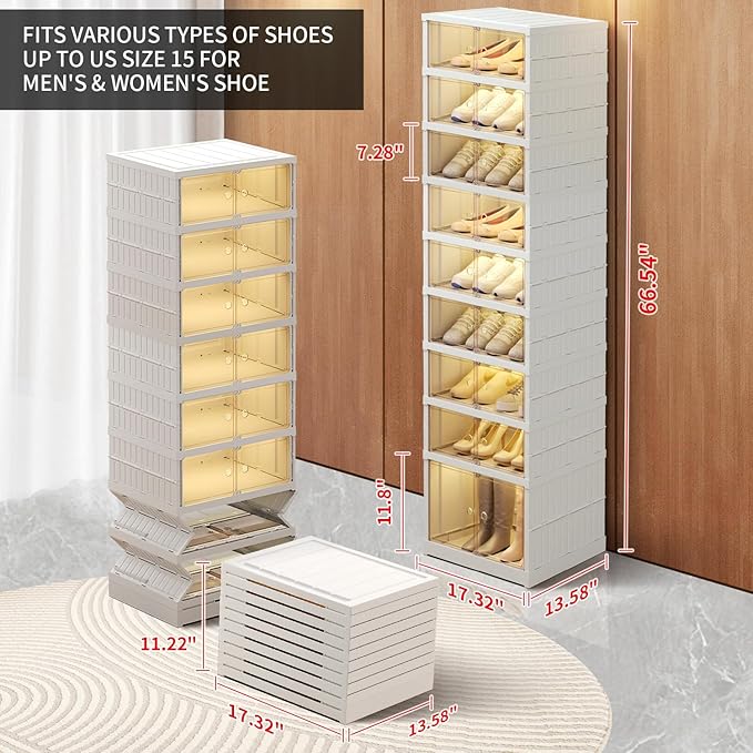 CIMLORD 9-Tier Foldable Shoe Rack Organizer for Closet 18Pairs Plastic Shoe Shelf Collapsible Shoes Storage Box Clear Shoe Boxes Stackable with Door Easy Assembly Shoe Cabinet with Lids Large