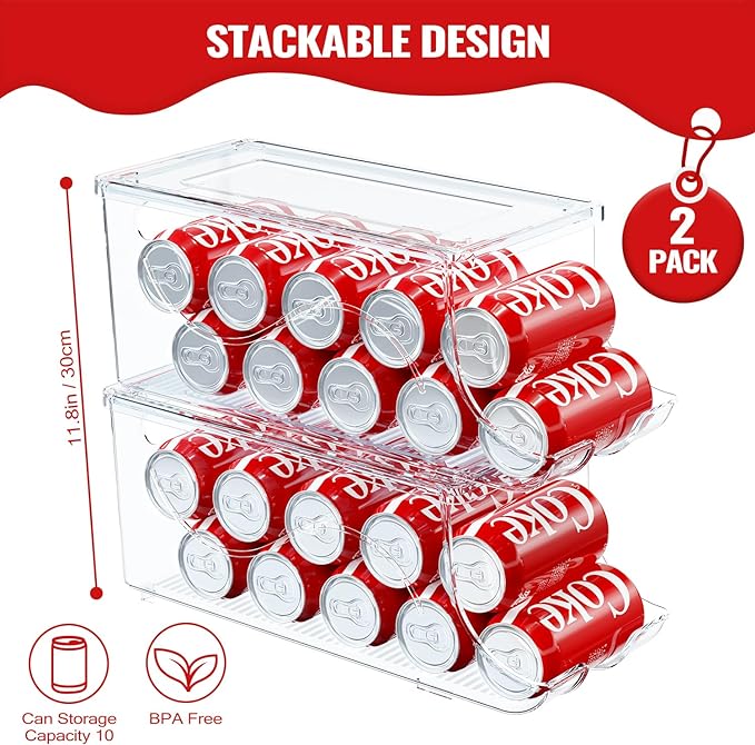 SCAVATA 2 Pack Stackable Refrigerator Organizer, Soda Can Dispenser Pop Cans Container Beverage Holder with Lid for Fridge, Freezer, Kitchen, Clear Plastic Storage Bins-Holds 10 Cans Each
