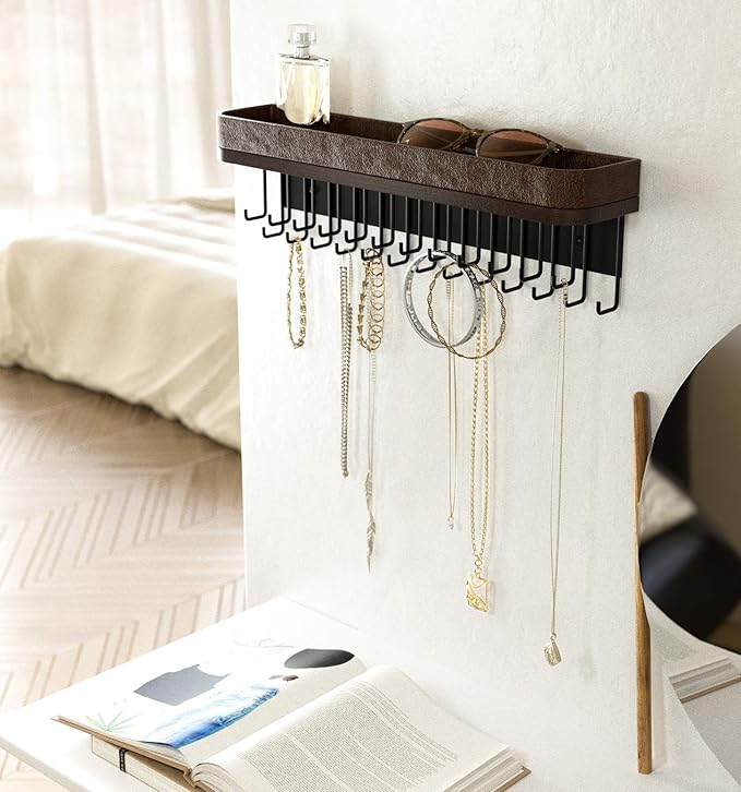 J JACKCUBE DESIGN Necklace Holder Wall Mounted Jewelry Organizer for Bracelet, Earrings and Rings with 25 Hooks - Room Decor Bedroom Boho Shelf Rack (Brown) - MK124A