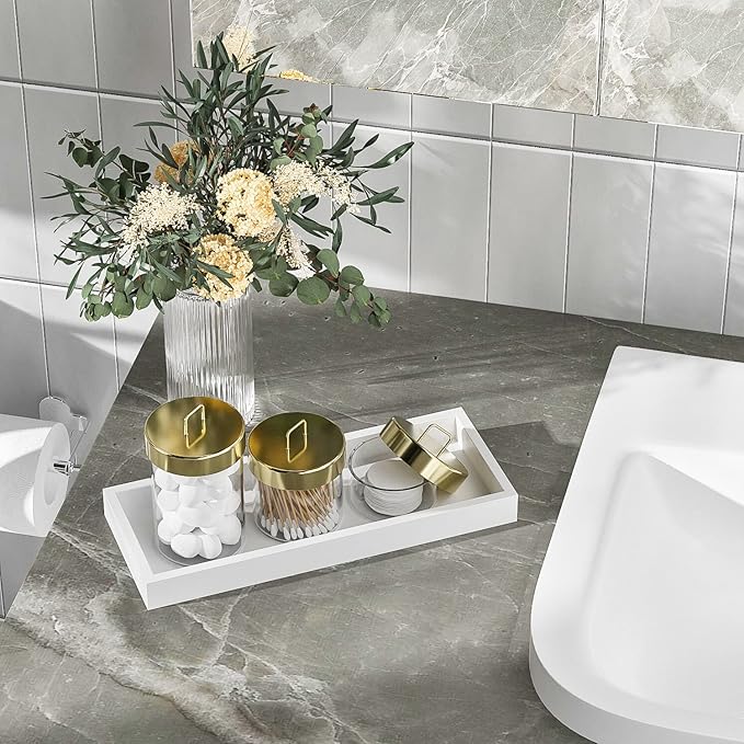 Bathroom Vanity Tray for Counter Bamboo Bathroom Decorative Tray, Dresser Top Perfume Tray for Home Decoration 11.3” L x 4.4” W x 1.14” H （White）