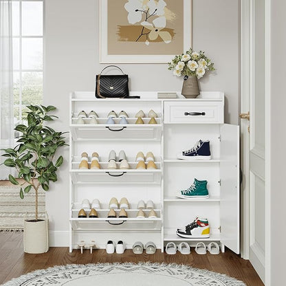 Shoe Cabinet for Entryway,Large Shoe Storage Cabinet with 3 Flip Drawers and Side Cabinet,Narrow Shoe Rack Organizer Cabinet for Closet,Hallway