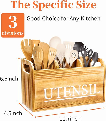 Kitchen Utensil Holder Rustic Large Wooden Utensil Organizer Cooking Tools Storage (Farmhouse Wooden)