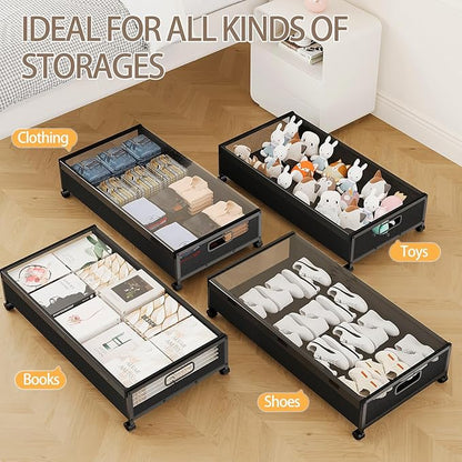 KITHELP Under Bed Storage with Wheels,2 Pack Under Bed Shoe Storage, Under the Bed Storage Drawers with Remove Window, Extra Large Rolling Under Bed Storage Metal Drawer for Clothes (Black-2 pack)
