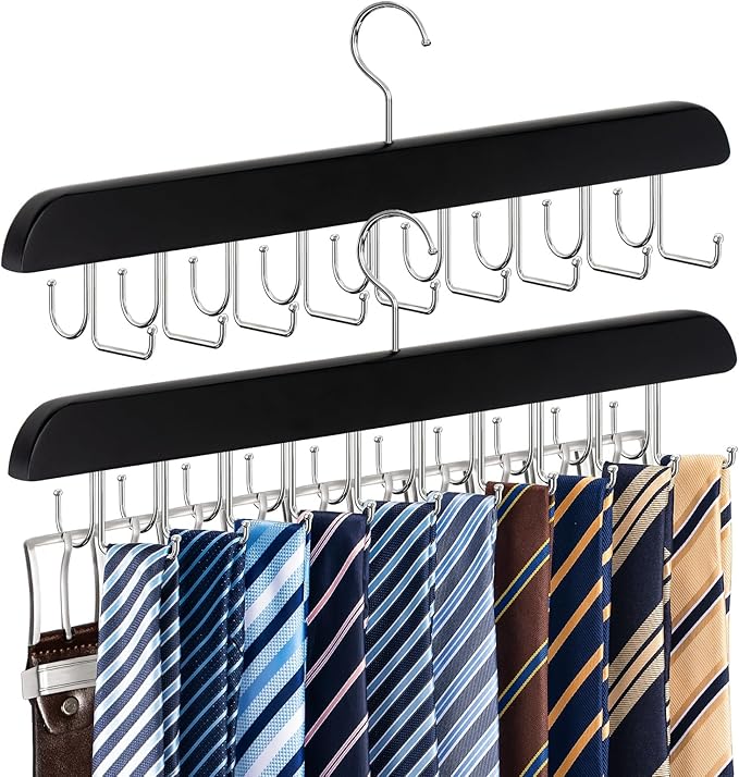 2 Pack 2-in-1 Belt and Tie Hanger for Closet, Upgraded Tie Rack with 20 Foldable Non-Slip Hooks, Max 30 Belts and 30 Ties, Space-Saving Wooden Tie and Belt Organizer for Camisoles, Bras, Scarves
