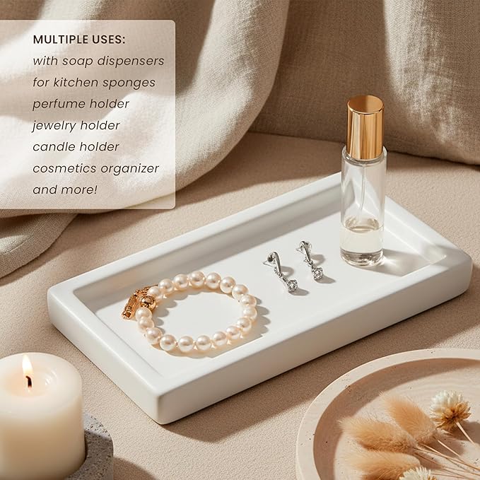 MaisoNovo White Bathroom Tray Countertop - 7.4x5.1 inch Handcrafted Ceramic Kitchen Tray for Soap Bottles, Perfume, Jewelry - Moisture Resistant - Rectangle Bathroom Dish with 4 Anti-Slip Pads