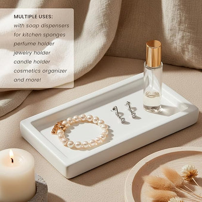 MaisoNovo White Bathroom Tray Countertop - 7.4x5.1 inch Handcrafted Ceramic Kitchen Tray for Soap Bottles, Perfume, Jewelry - Moisture Resistant - Rectangle Bathroom Dish with 4 Anti-Slip Pads