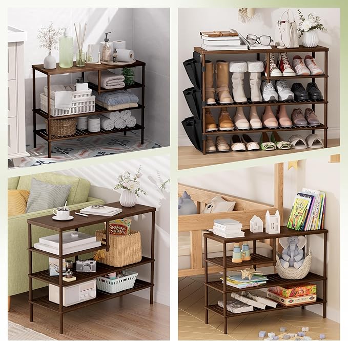 Bamboo Shoe Rack, 4 Tiers Shoe Organizer for Closet, Shoes Storage for 20-24 Pairs, Freestanding Shoe Shelf with Removable Pocket for Entryway Bedroom Front Door Dorm, Walnut Brown