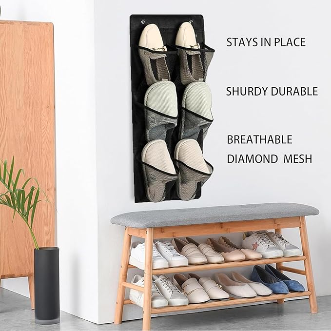 2 pcs Over The Door Shoe Organizer,Hanging Mesh Organizer,Shoe Rack,Door Shoe Organizer,With Sticky Hanging Mounts,6 Large Breathable Mesh Pockets,For Bathroom,Rv,Pantry (black)