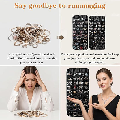 4 Pcs Hanging Jewelry Organizer, Double-Sided Earring Holder with 80 Clear Pockets Black Jewelry Storage Roll with Rotatable Hanger for Earrings, Necklaces, Rings, Bracelets on Closet, Wall, Door