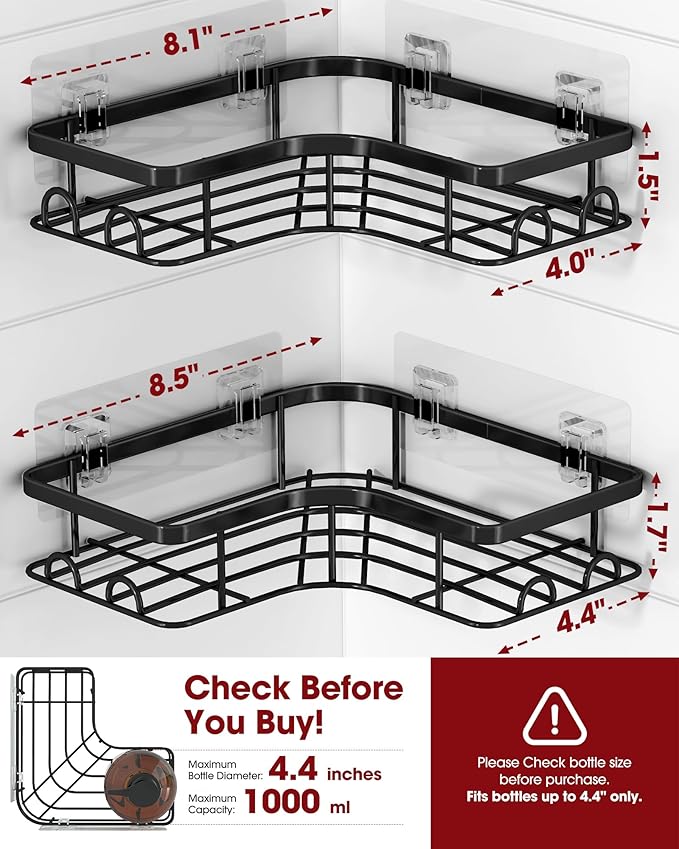 Sakugi Corner Shower Caddy - 2 Pack, Adhesive Shower Organizers, Rustproof Stainless Steel Shower Shelves with 8 Hooks, No Drilling Bathroom Organizers and Storage Racks, Space-Saving, Black, Medium