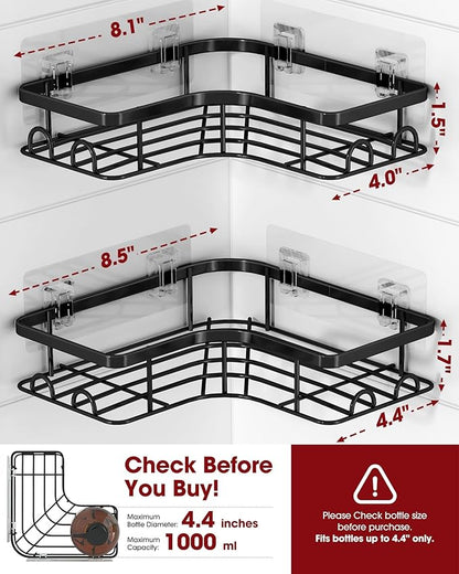 Sakugi Corner Shower Caddy - 2 Pack, Adhesive Shower Organizers, Rustproof Stainless Steel Shower Shelves with 8 Hooks, No Drilling Bathroom Organizers and Storage Racks, Space-Saving, Black, Medium