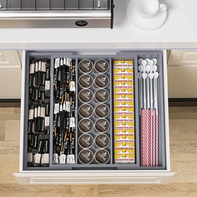 Large Kitchen Utensil Drawer Organizer - Expandable 5 Slots Cooking Utensil Organizer Multipurpose Silverware Organizer for Storage Repair Tools, Painting Tools W13.7"-19.9" x L17.6" X H2.5" (Grey)