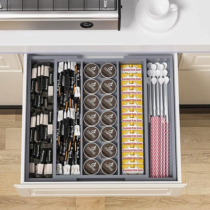 Large Kitchen Utensil Drawer Organizer - Expandable 5 Slots Cooking Utensil Organizer Multipurpose Silverware Organizer for Storage Repair Tools, Painting Tools W13.7"-19.9" x L17.6" X H2.5" (Grey)