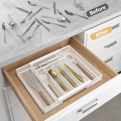 Sedegn Silverware Organizer Metal Mesh, Drawer Organizer, Utensil Cutlery Tray for kitchen drawers,Expandable Flatware Organizer with 7 Compartment White 9.6"~16.1" x 13.8"