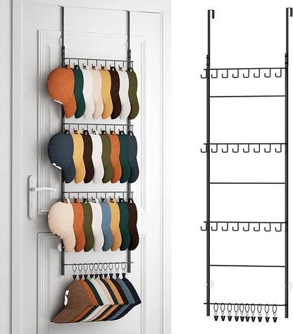 HapiRm Over the Door Hat Organizer - 4 Tier Wall Mounted Hat Rack with 24 Hooks and 10 Movable Clips, Hanging Baseball Cap Organizer Storage Holds to 34 Caps for Door, Bedroom, Closet