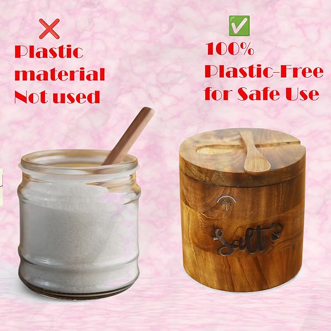 Handcrafted Wooden Salt Box with Lid & Spoon – Rustic Salt Cellar Storage Keeper for Kitchen