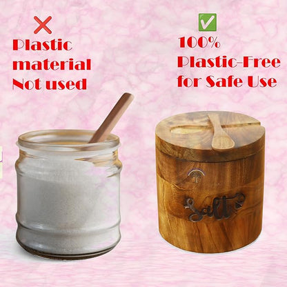 Handcrafted Wooden Salt Box with Lid & Spoon – Rustic Salt Cellar Storage Keeper for Kitchen