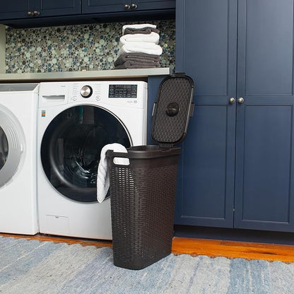 Mind Reader Slim Laundry Hamper with Lid, 40L Clothes Basket, Narrow Tapered Design with Ventilated Cutout Pattern, Plastic, Brown