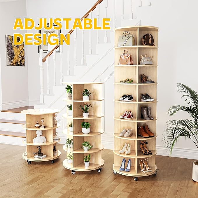 8 Tier Rotating Shoe Rack, Shoe Tower Organizer with 4 Universal Casters, Spinning Lazy Susan Display Storage Rack Round Carousel Vertical Handbag Closet (Natural, 23.6’’×23.6’’×74’’)