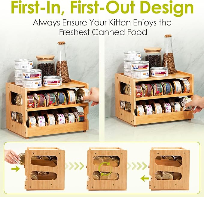 Coanto Upgraded Cat Food Organizer, Cat Food Can Organizer, Can Organizer for Pantry, Cat Food Storage, Bamboo, Holds 36 (3oz) Cans