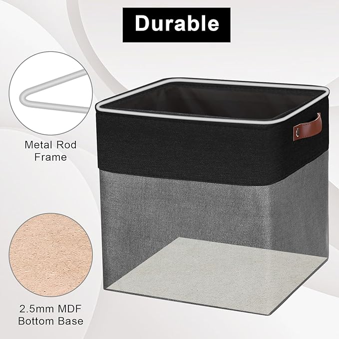 Bagnizer 13x13 Cube Storage Bins, Collapsible Fabric Storage Box, 4 Pack Closet Baskets with Handles for Organizing, Shelf, Toys, Clothes, Home, Office, Nursery (Grey&Black)