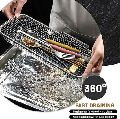 LELE LIFE 4Pcs Silverware Organizer Utensil Organizer, 18/8 Stainless Steel Mesh Kitchen Drawer Organizer, Raised Bottom Flatware Cutlery Organizer in Drawer, Silverware Tray Holder