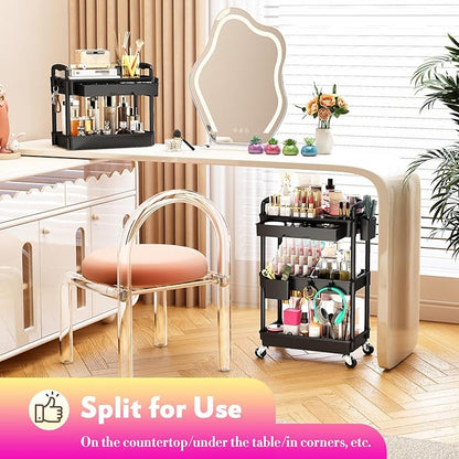SUNALLY Makeup Cart Organizer with Drawers, Floor Skincare Organizers Vanity Storage Organizer, Rolling Makeup Bathroom Storage Cart Cosmetics Display Cases for Skin Care Perfume Nail Polish, Black
