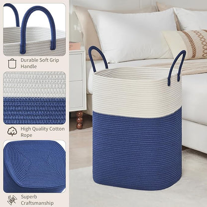AINUOQI Laundry Basket with Handles - Blanket Basket & Hampers for Bedroom Aesthetic, Laundry Hamper & Blanket Storage for Living Room, Clothes Hamper, Tall, Large 17" x 14" x 23”, White & Dark Blue