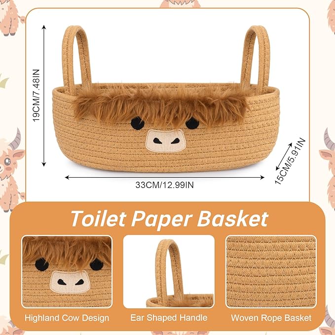Toilet Highland Cute Cow Paper Basket–Oval Woven Bathroom Organizer Toilet Tank Storage Basket, Decorative Shelves Rope Cotton Bin with Handles, Wedding Empty Towel Paper Holder,13"D x 7.48"H