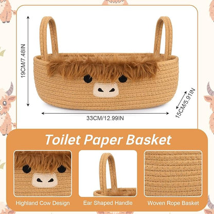 Toilet Highland Cute Cow Paper Basket–Oval Woven Bathroom Organizer Toilet Tank Storage Basket, Decorative Shelves Rope Cotton Bin with Handles, Wedding Empty Towel Paper Holder,13"D x 7.48"H