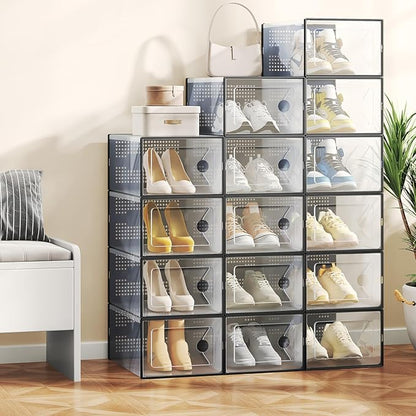 Sweetcrispy Shoe Storage Boxes, Clear Plastic Stackable Shoe Organizer with Lids for Closet, Foldable Shoe Rack Sneaker Container, Under Bed and Entryway, 15 Pack, Black