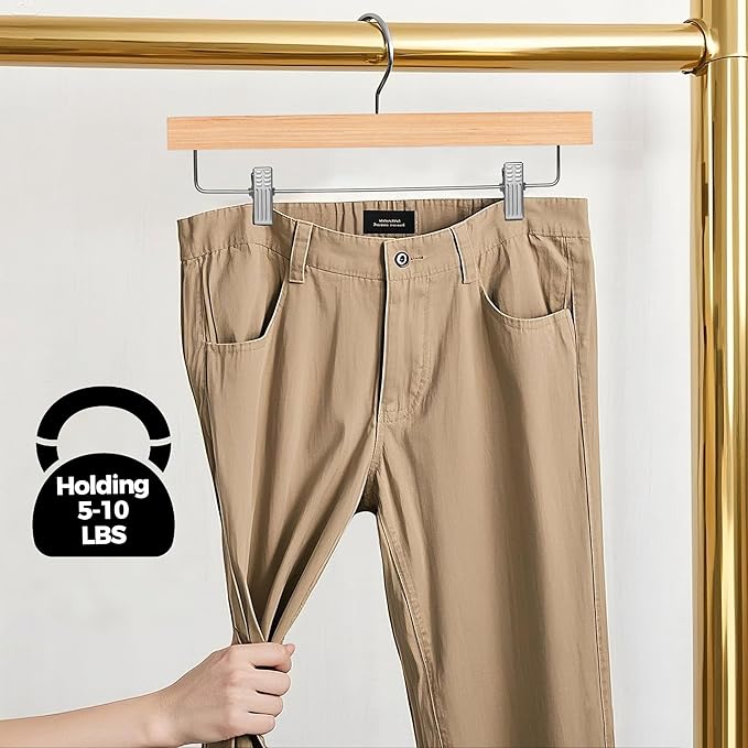 Quality 14" Slim Wooden Skirt & Pant Hangers with Clips – 20 Pack – Space-Saving 0.3" Thin Plywood Hanger – 10 lb Capacity – Adjustable Non-Slip Clips, 360° Swivel Hook (Natural, 20 Pack)