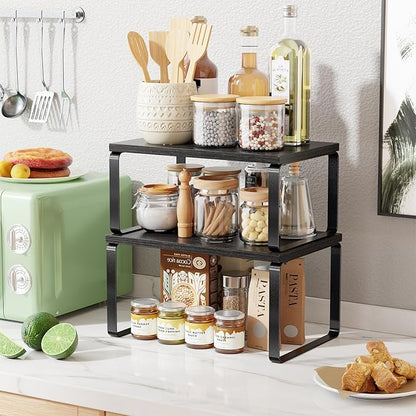 Simple Trending Cabinet Organizer Shelf, Set of 2 Stackable Kitchen Counter Shelves, Expandable Spice Rack Kitchen Storage Riser, Metal Engineered Wood, Black
