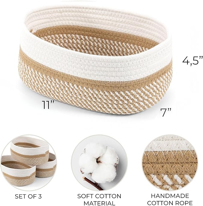 Beautiful Storage Basket Set of 3 - Sturdy Jute Rope Baskets for Shelves Are Perfect for Organizing Your Home - Quality Storage Bins Easily Fit With Any Nursery or Bedroom Decor