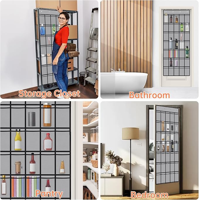 NiHome Multi-Functional 35 Pockets Door Hanging Organizer Fit for Stanley Tumbler in Kitchen, Pantry, Bathroom, Large Capacity Elastic Mesh Secure Storage Water Bottle Cup Holder, Foldable (Gray)