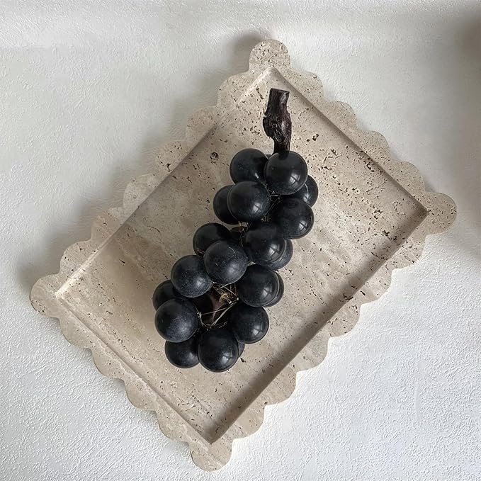 Natural Scalloped Marble Tray, 10.7"x7.87", Rectangle for Bathroom & Kitchen, Decorative for Dresser (Beige Travertine)