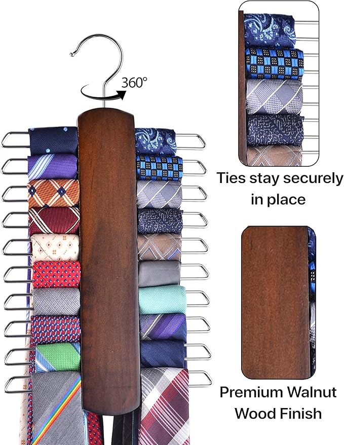 Umo Lorenzo 2 Pack Premium Wooden Necktie and Belt Hanger, Walnut Wood Center Organizer and Storage Rack with a Non-Slip Finish - 20 Hooks