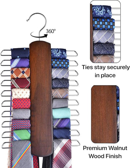 Umo Lorenzo 2 Pack Premium Wooden Necktie and Belt Hanger, Walnut Wood Center Organizer and Storage Rack with a Non-Slip Finish - 20 Hooks