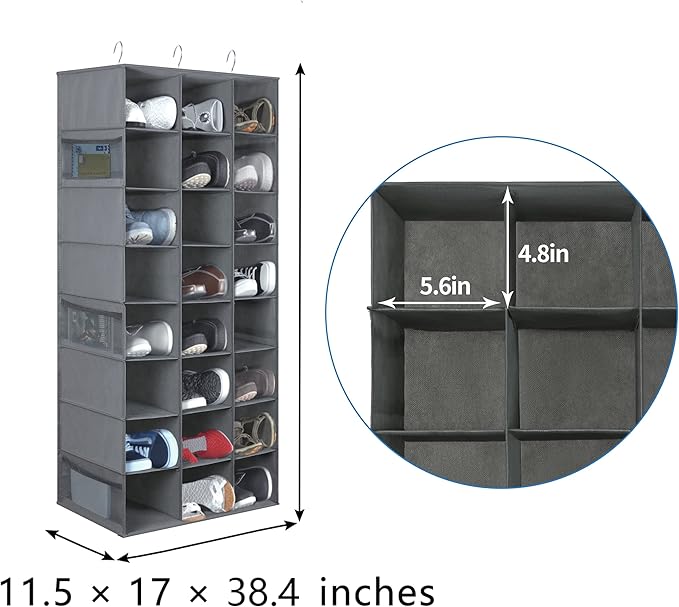 Hanging Shoe Organizer for Closet, 24 Sections Shoe Holder Hanger Rack, Space-Saving Shoe Organizers and Storage, Grey