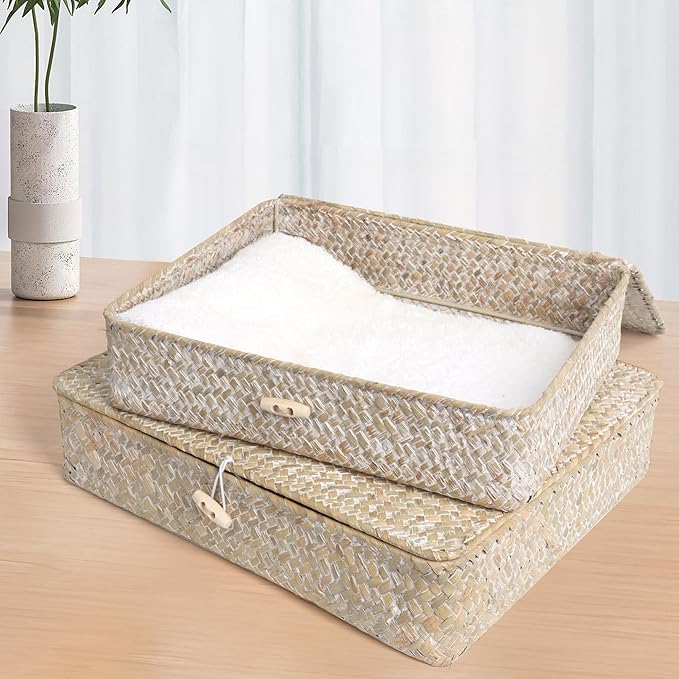 Moosky Flat Wicker Shelf Baskets with Lid, Seagrass Woven Basket Boxes for Storage Basket Bins Multipurpose Home Decor Organizer (Whitewash Set of 2)